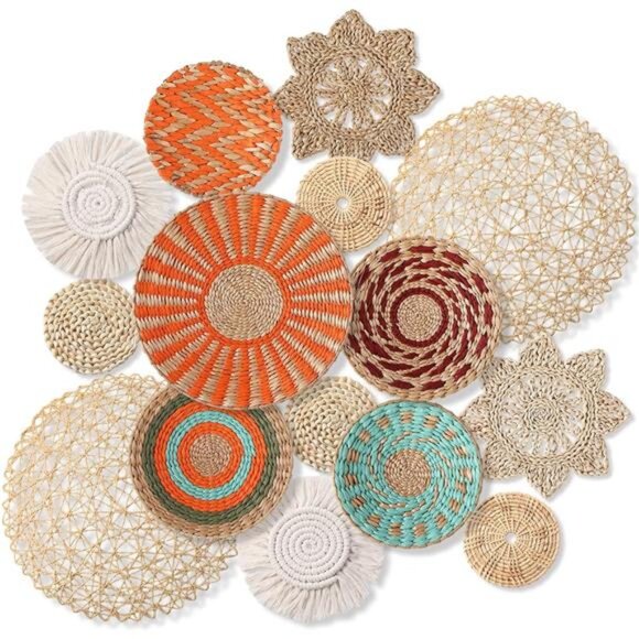 15 Pcs Boho Wall Basket Decor Woven Rattan Seagrass Wall Decor